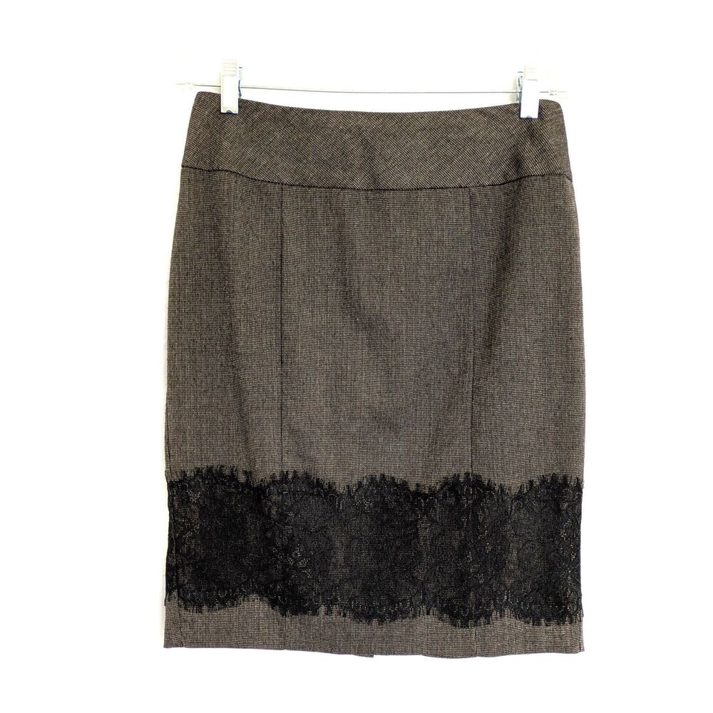 I.N. San Francisco Gray Tweed Pencil Skirt Black Lace Hem Size 7 Career Work